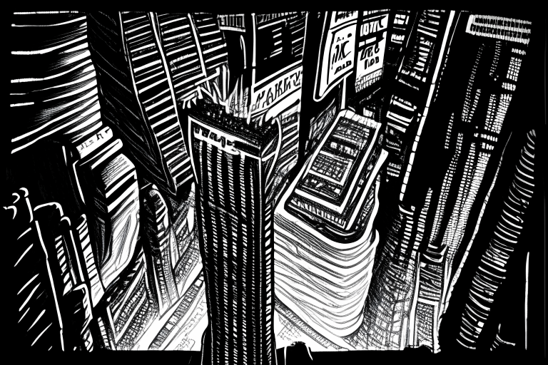 A giant "1st" neon light up sign sitting on the top of a skyscraper in a busy city. Seen from the sky looking down at the neon sign, buildings and streets. Done in a very busy and very detailed micron marker drawn black and white sketch.  