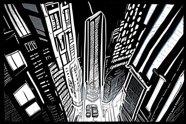 A giant "1st" neon light up sign with three different signs facing in different directions. The signs are on the top of a skyscraper in a busy city. Seen from the sky looking down at the neon sign, buildings and streets. Done in a very busy and very detailed micron marker drawn black and white sketch.  