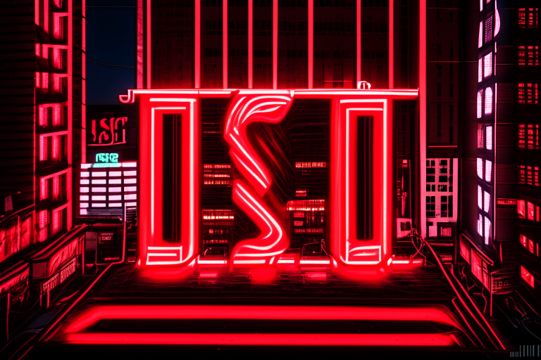 A giant red "1st" neon light up sign with three different signs facing in different directions on top of a building. The skyscraper is in a busy small city depicting downtown St Paul Minnesota USA. The "1st" sign js seen from the sky looking down at the neon sign, buildings and streets. Done in a very busy and very detailed micron marker drawn black and white sketch.  