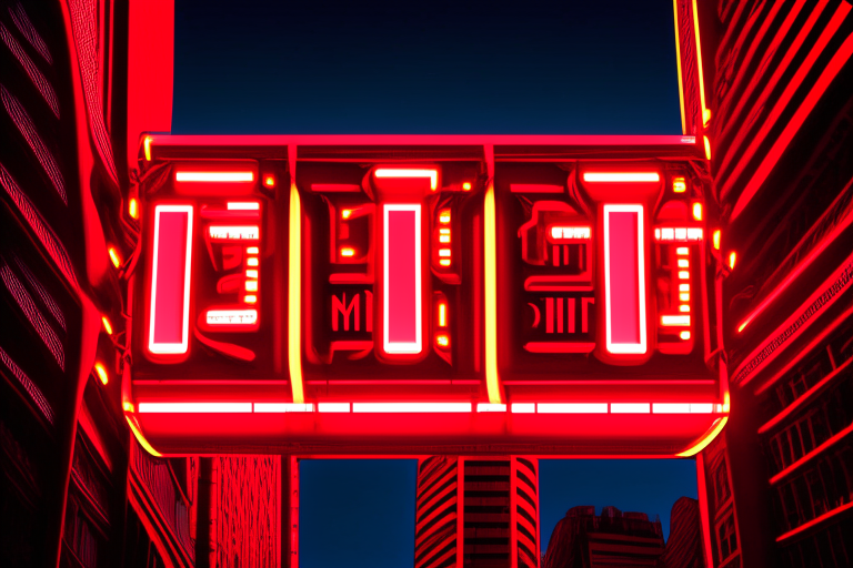 A giant red "1st" neon light up sign with three different signs facing in different directions on top of a building. The skyscraper is in a busy small city depicting downtown St Paul Minnesota USA. The "1st" sign is seen from the sky looking down at the neon sign, buildings and streets. Done in a very busy and very detailed micron marker drawn black and white sketch.  