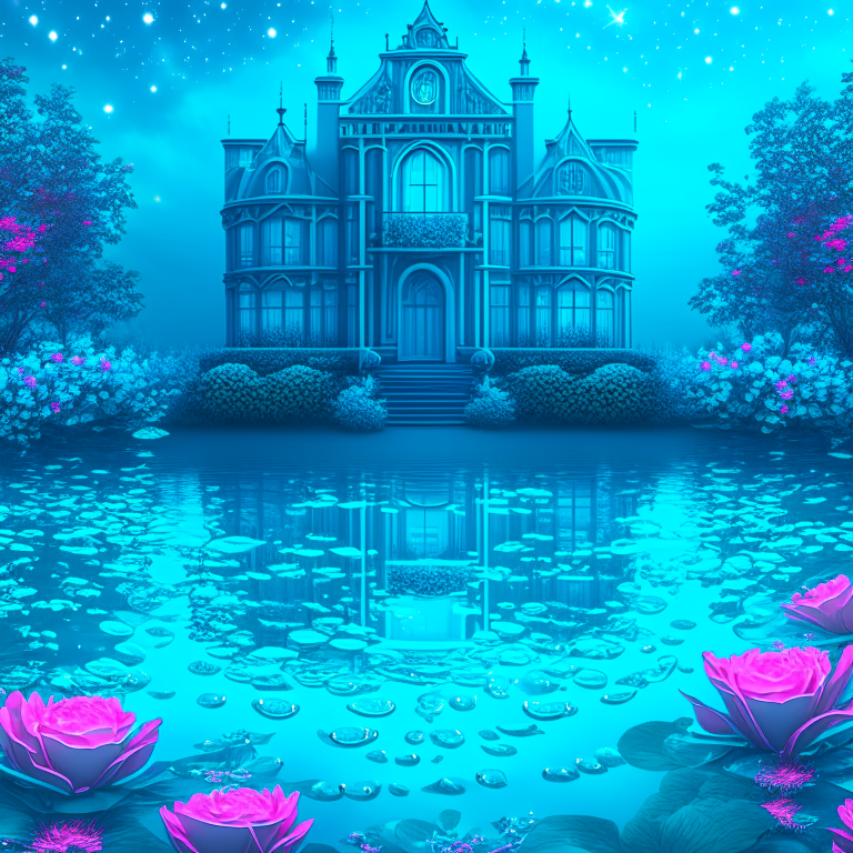 fantasy magic water aqua teal rose mansion