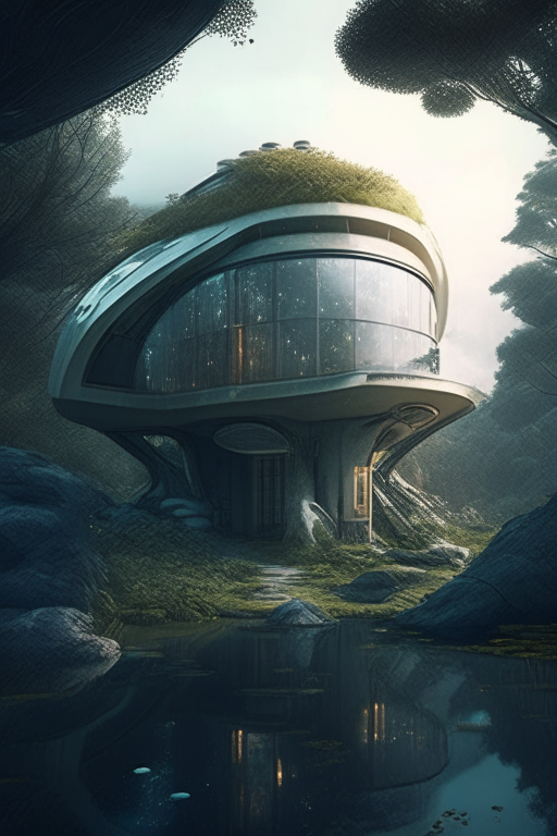 a sci-fi house, beautiful, tranquil, secluded