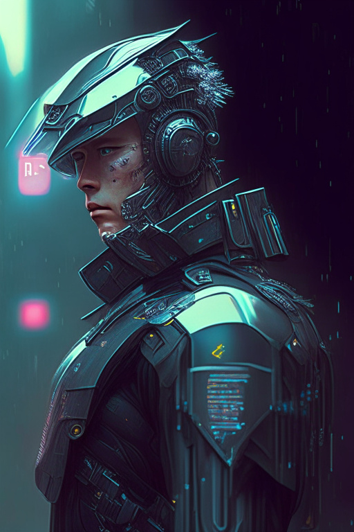 A Cyberpunk Policeman, Cyberpunk, and Delicate Beautiful Woman. a cyborg policeman, cyberpunk, delicate, beautiful