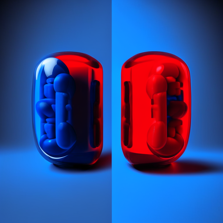  blue and red medication capsules, take the blue pill and take the red pill