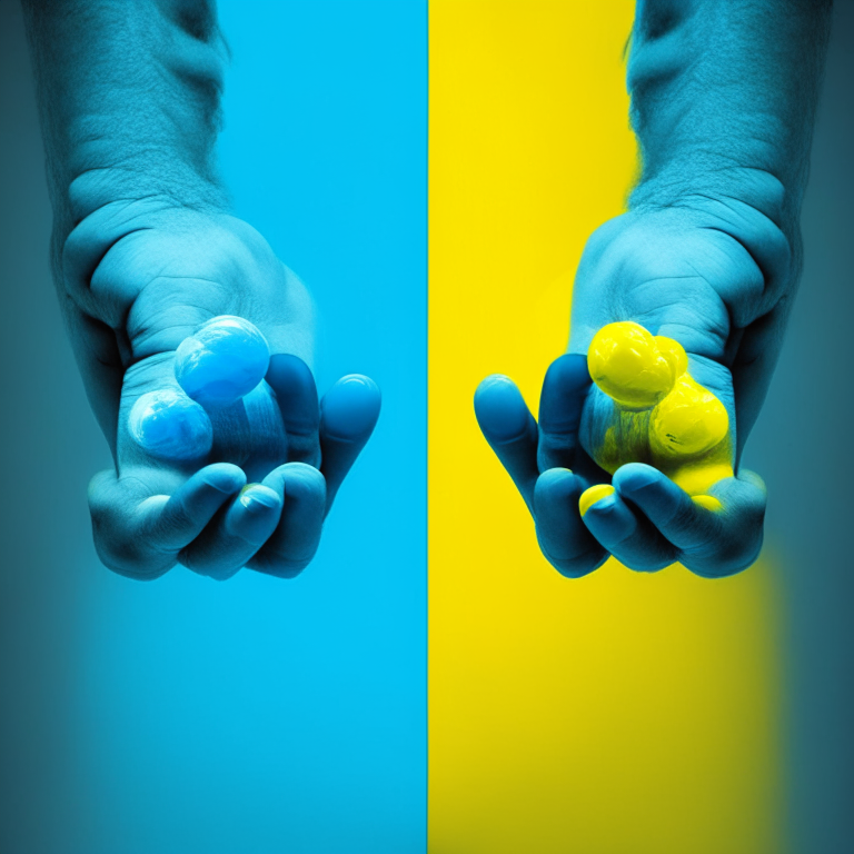 The scientist is holding two pills, the left hand holds a blue pill, and the right hand holds a yellow pill.