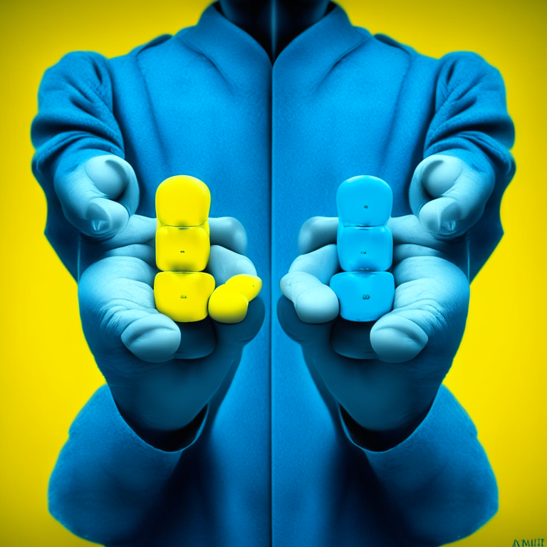 The scientist is holding two pills, the left hand holds a blue pill, and the right hand holds a yellow pill.