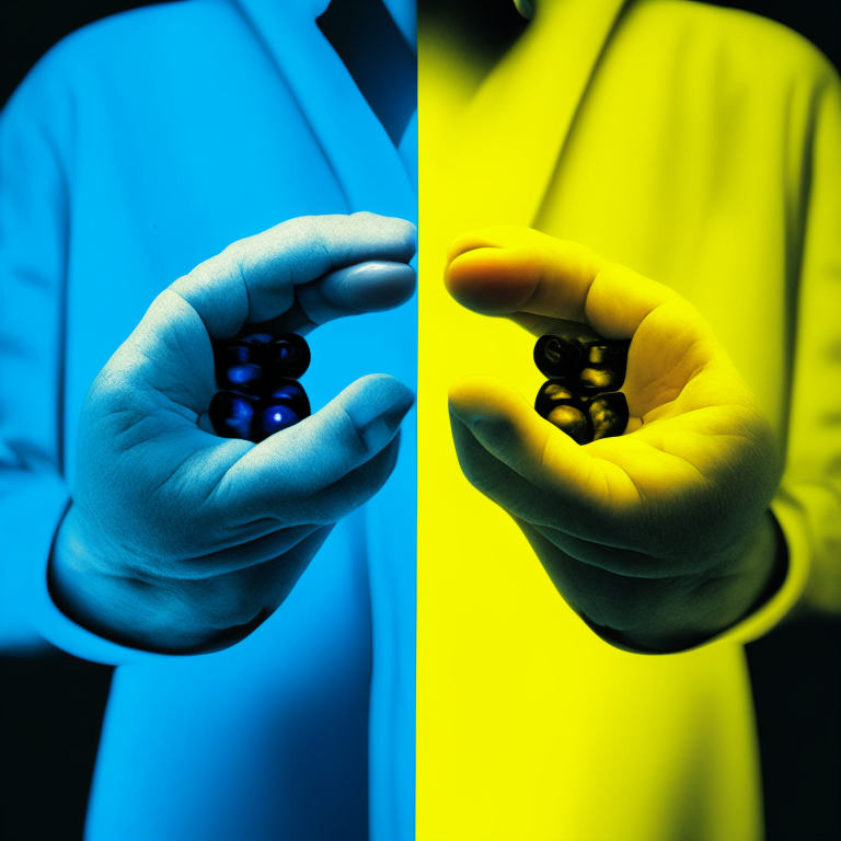 The scientist is holding two pills, the left hand holds a blue pill, and the right hand holds a yellow pill.