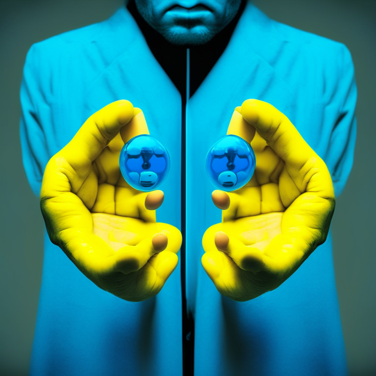 The scientist is holding two pills, the left hand holds a blue pill, and the right hand holds a yellow pill.