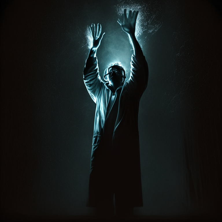 scientist raising his hand in the dark