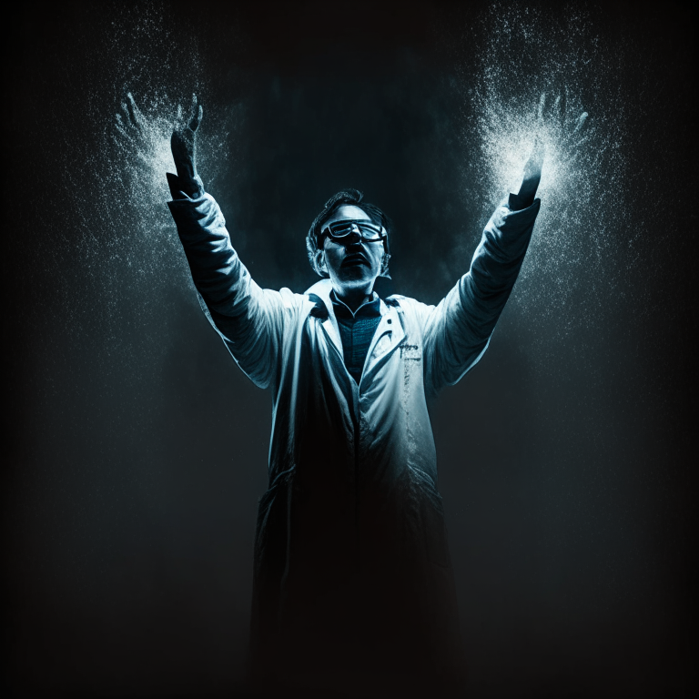 scientist raising his hand in the dark