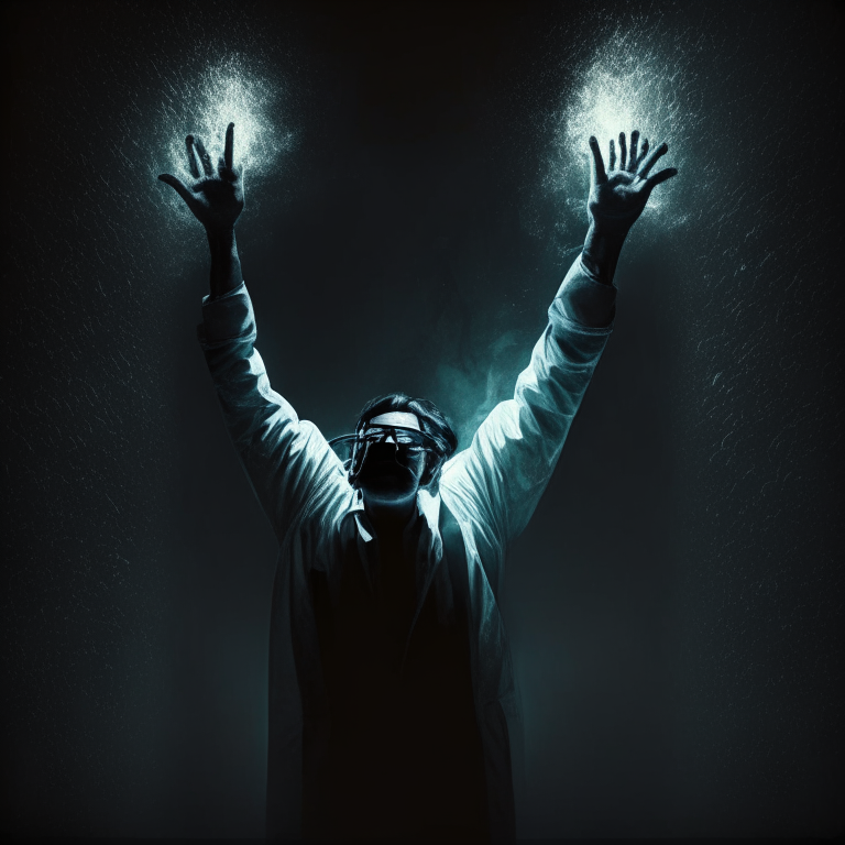 scientist raising his hand in the dark