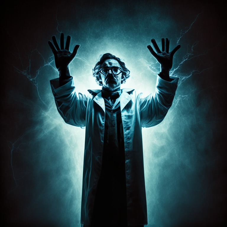 Scientist with his hands up in the dark