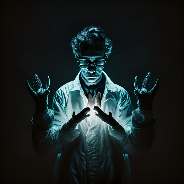 Scientist with his hands down in the dark