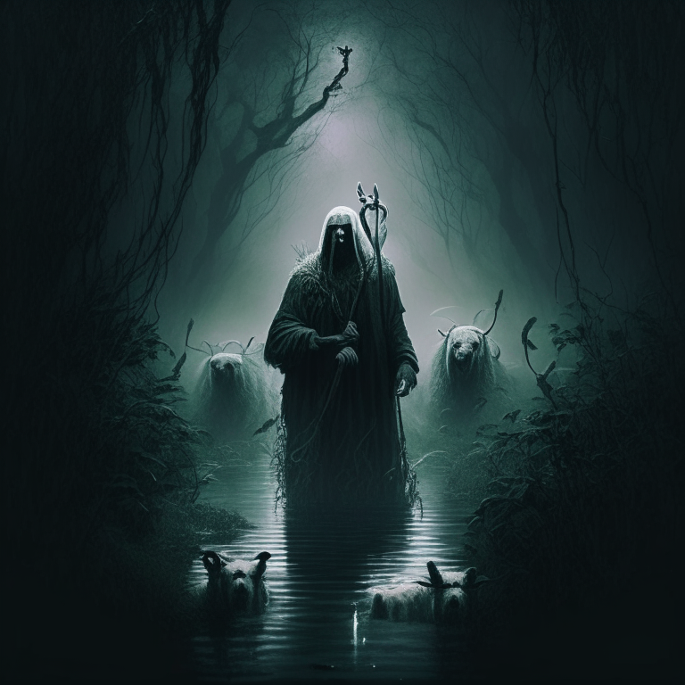 stoic philosopher leading a heard of sheep through a dark and foggy swamp with thorns and evil creatures hiding in bushes. Make the image scary and dark