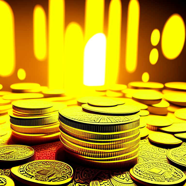 Dollars and coins in abundance irradiating golden lights 