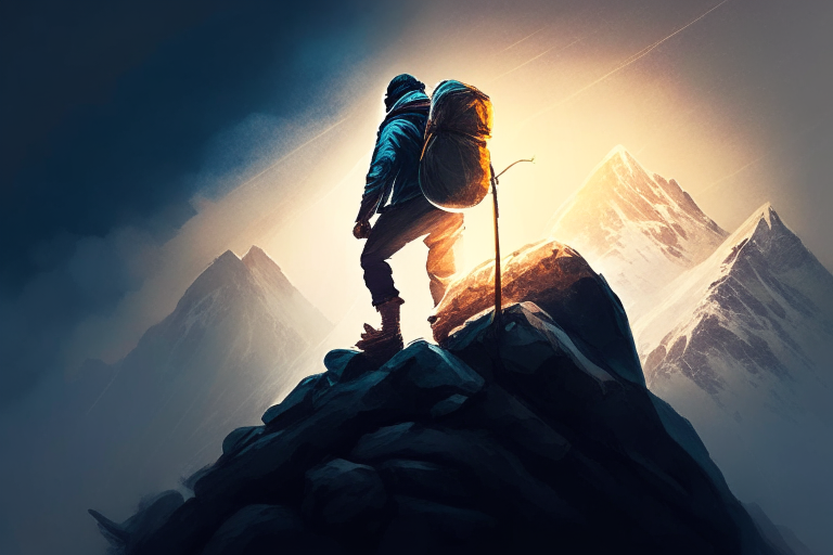 A man climbs a mountain with a stick in his hand, a backpack on his shoulders. There is a bright light at the top of the mountain.