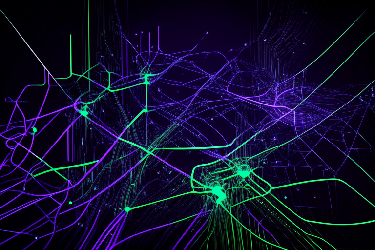 an abstract network of glowing circuit lines and data pathways in purple, blue and green on a black background