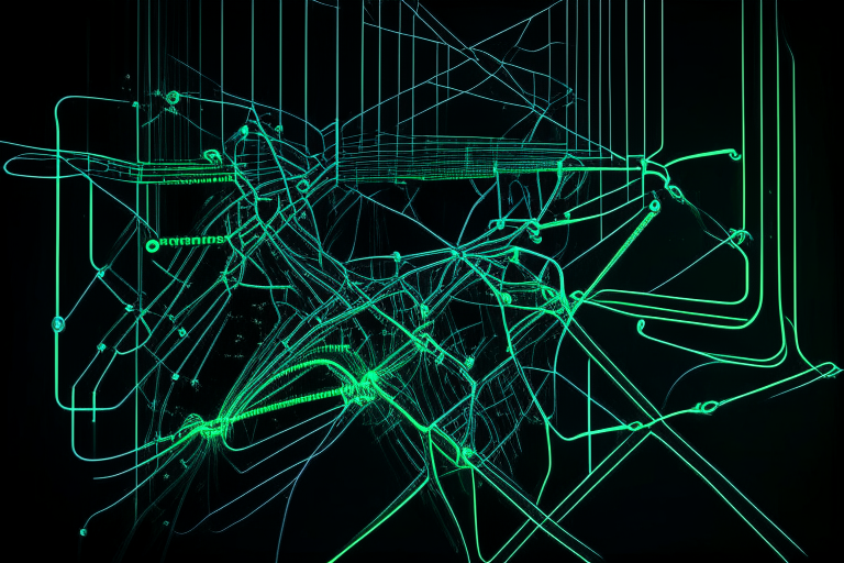 an abstract network of glowing circuit lines and data pathways in blue and green on a black background, somewhat realistic style