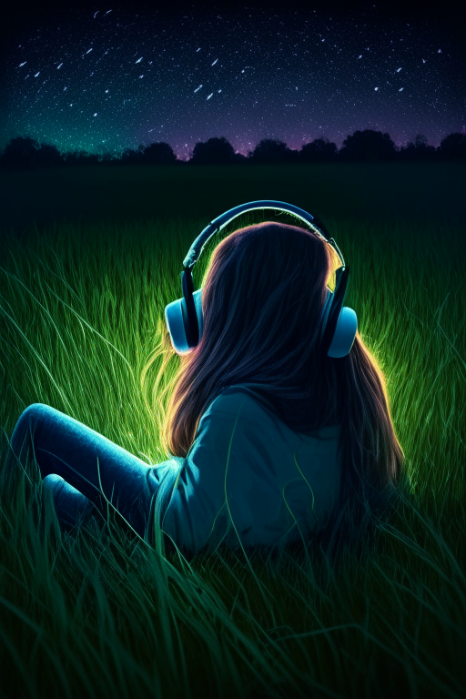 Girl sitting on grass at night wearing headphone back view