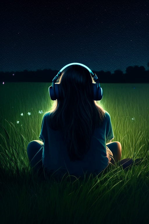 Girl sitting on grass wearing headphone at night back view