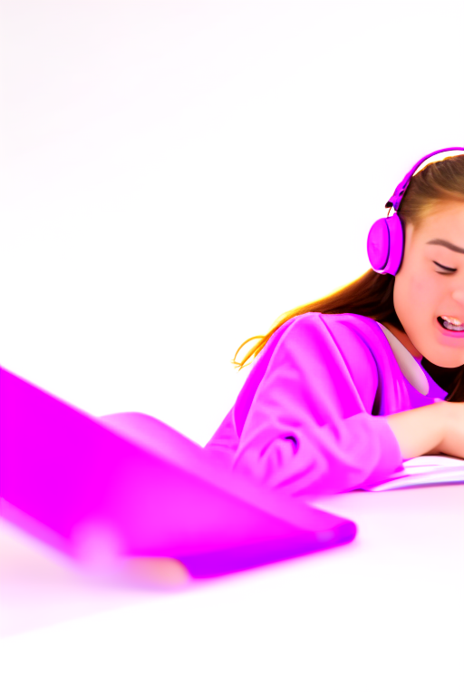 Girl slipping on study table wearing headphones 8k