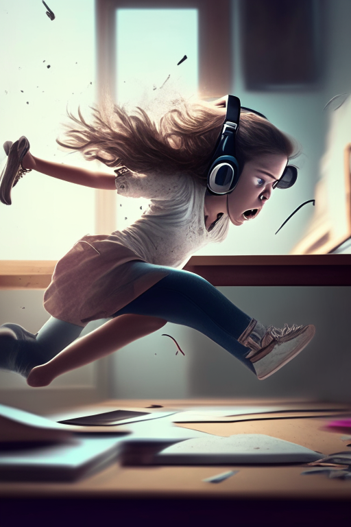 Girl slipping on study table wearing headphones 8k