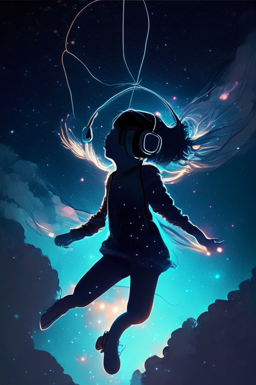 Thin girl flying in the night sky glowing wearing headphone 