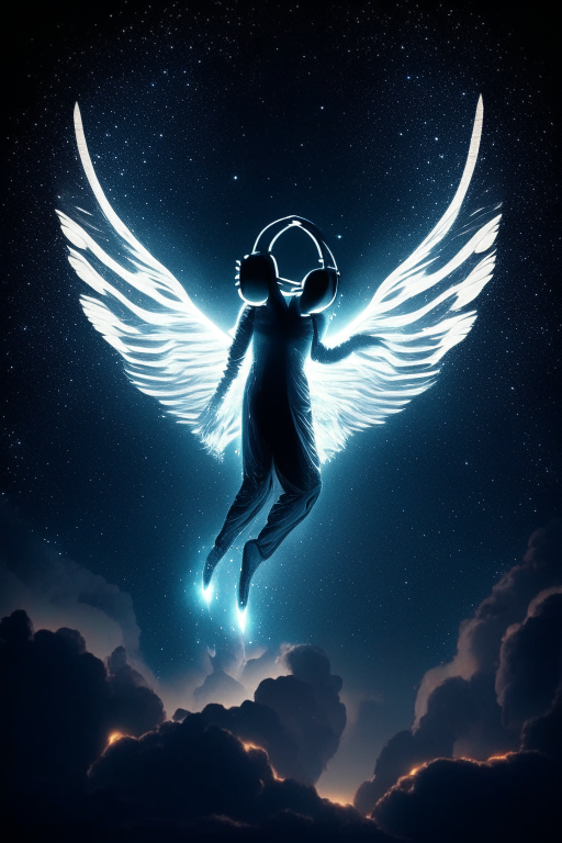 Thin angel flying in night sky wearing headphone in the other dimension glowing 