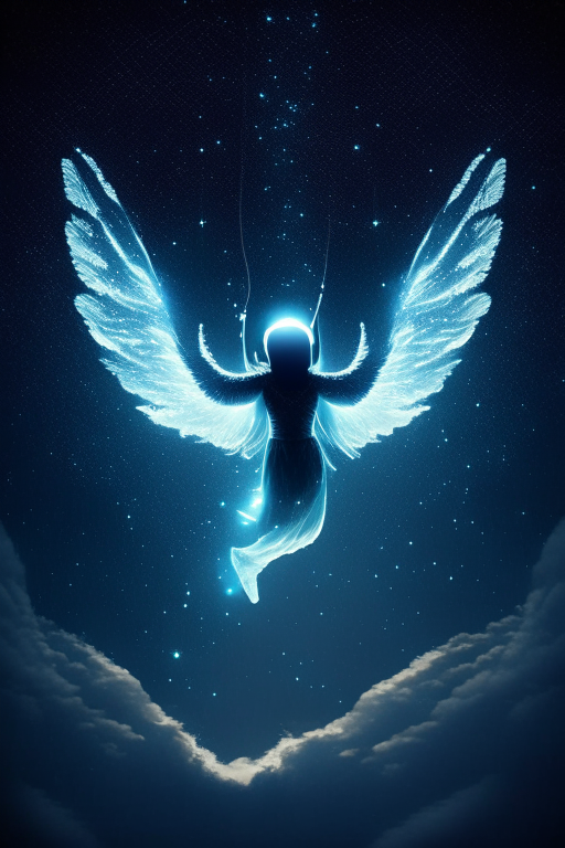 Thin angel flying in night sky wearing headphone in the other dimension glowing 