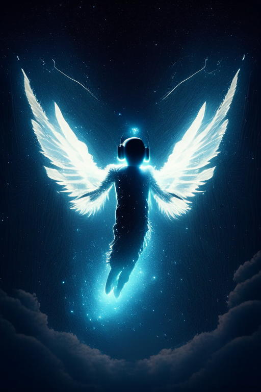Thin angel flying in night sky in the other dimension glowing wearing headphone