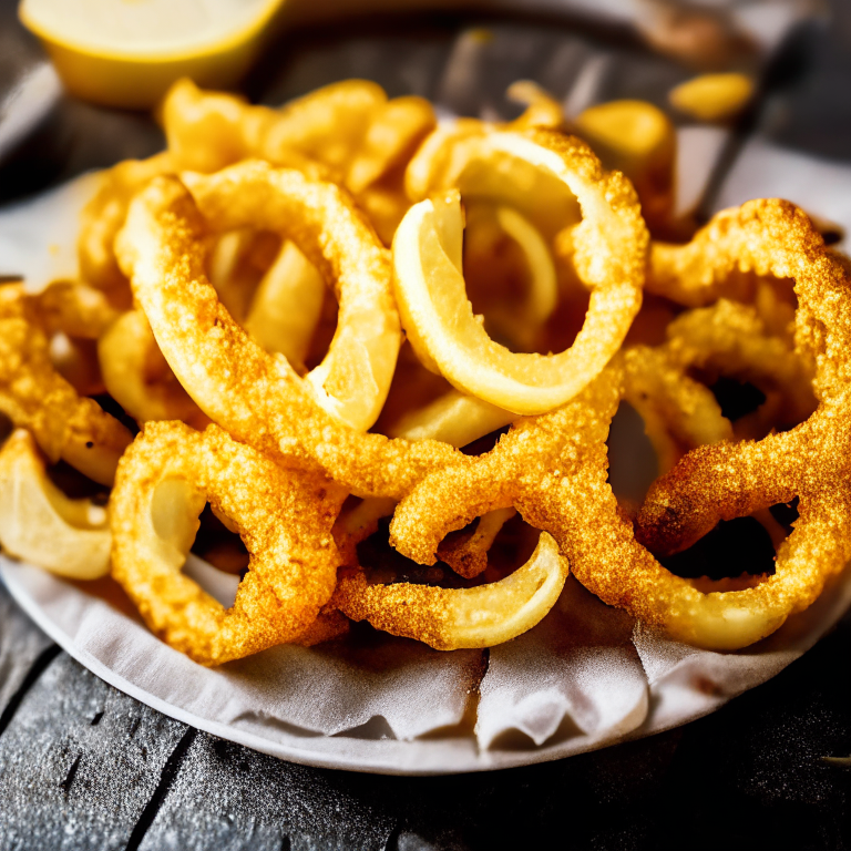 Crispy Air Fryer Calamari Rings with Oven-Baked Lemon Garlic, bright studio lighting, razor sharp focus, filling frame