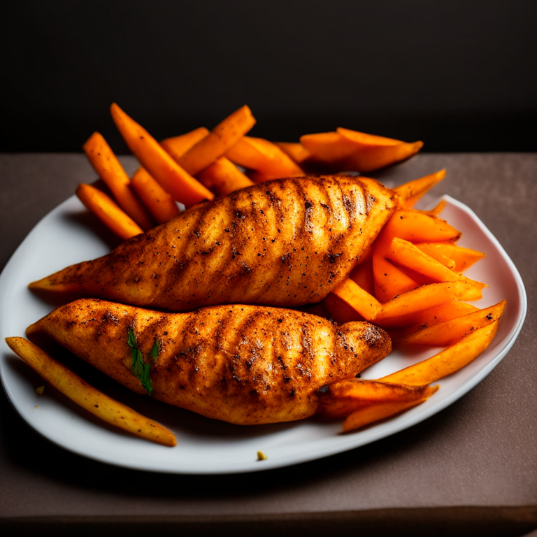 Oven-Baked Cajun Tilapia with Air Fryer Cajun Sweet Potato Fries, bright studio lighting, razor sharp focus, filling frame, ultra HD