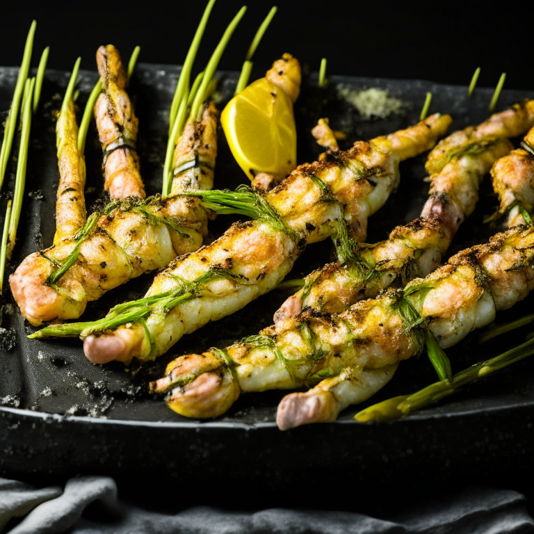 Air Fryer Lemon Garlic Shrimp Skewers with Oven-Baked Parmesan Asparagus, filling frame, bright studio lighting, razor sharp focus, ultra HD