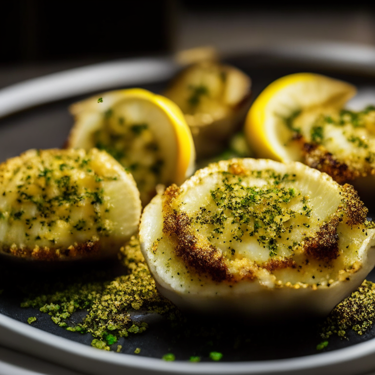 Oven-Baked Garlic Butter Scallops with Air Fryer Lemon Herb Quinoa, filling frame, bright studio lighting, razor sharp focus, ultra HD