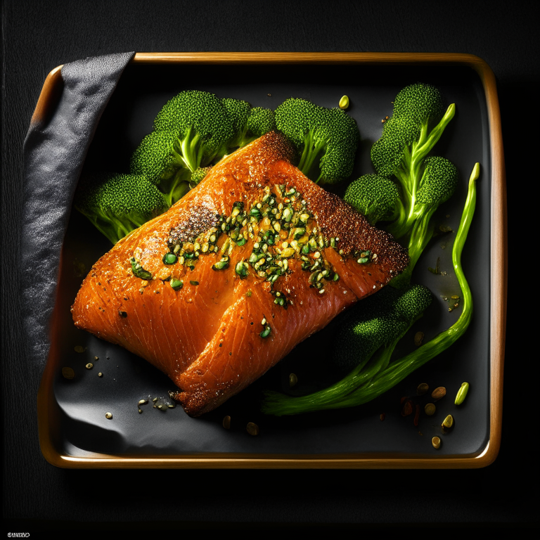 Air Fryer Sesame Ginger Salmon with Oven-Baked Teriyaki Broccoli, filling frame, bright studio lighting, razor sharp focus on salmon and broccoli, ultra HD