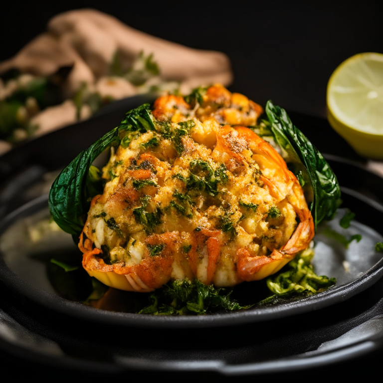 Stuffed Baked Shrimp with Crab and Spinach (Air Fryer and Oven), filling frame, bright studio lighting, razor sharp focus on shrimp, spinach and crab stuffing, ultra HD