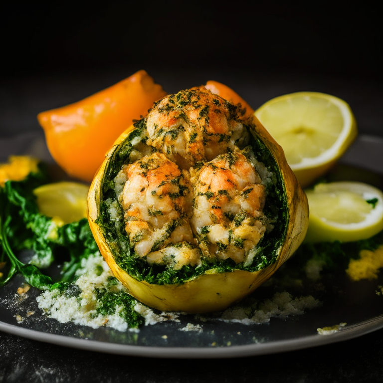 Stuffed Baked Shrimp with Crab and Spinach (Air Fryer and Oven), filling frame, bright studio lighting, razor sharp focus on shrimp, spinach and crab stuffing, ultra HD