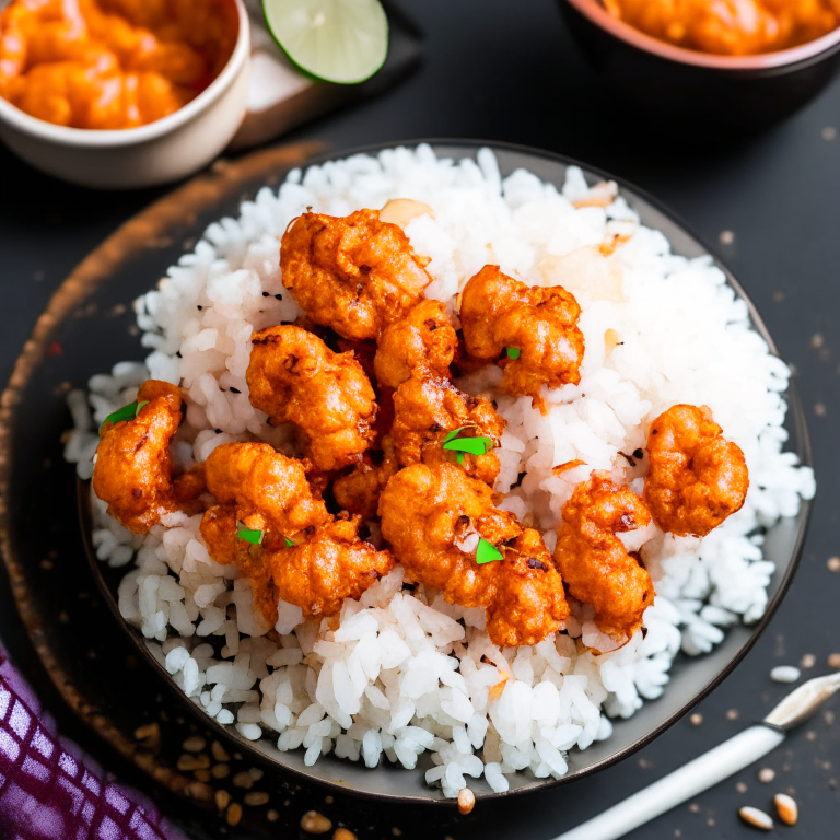 Air Fryer Spicy Bang Bang Shrimp with Oven-Baked Coconut Jasmine Rice, filling frame, bright, clear studio lighting, razor-sharp focus on shrimp and rice, ultra HD