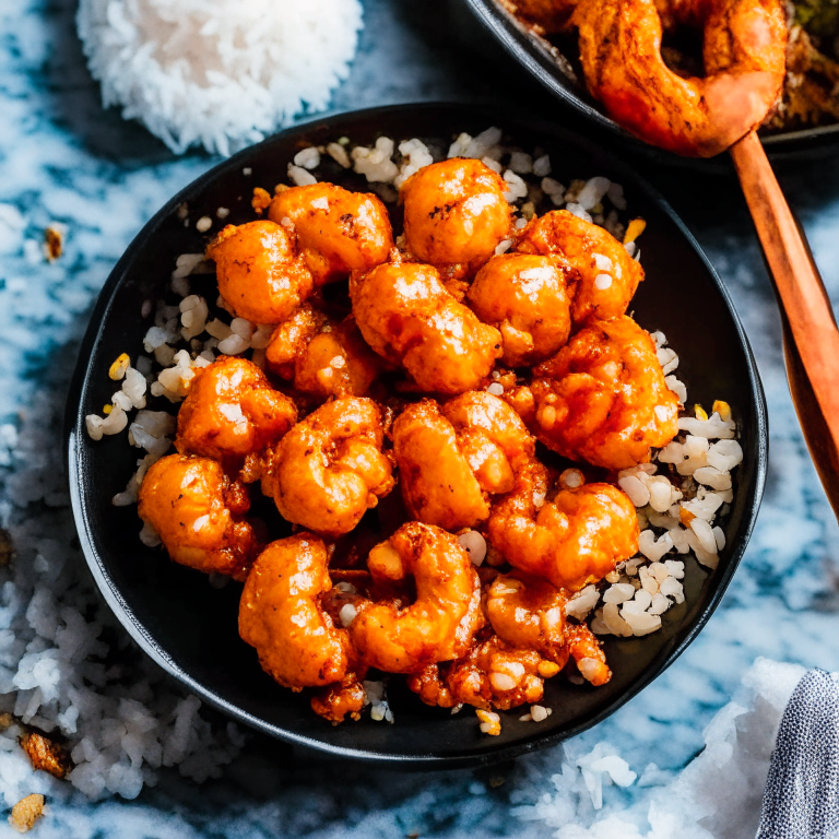 Air Fryer Spicy Bang Bang Shrimp with Oven-Baked Coconut Jasmine Rice, filling frame, bright, clear studio lighting, razor-sharp focus on shrimp and rice, ultra HD