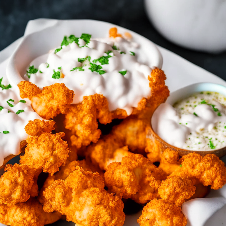 Air Fryer Buffalo Cauliflower Bites with Oven-Baked Ranch Dip, filling frame, bright, clear studio lighting, razor-sharp focus on every part of cauliflower bites and ranch dip, ultra HD