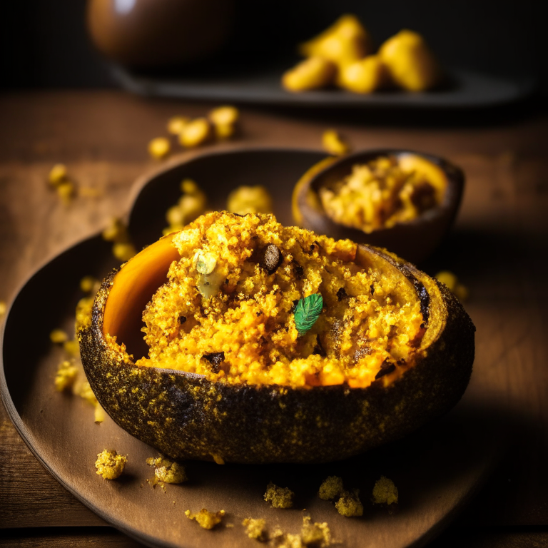 Oven-Baked Quinoa-Stuffed Acorn Squash with Air Fryer Roasted Garlic Hummus, filling frame, bright, clear studio lighting, razor-sharp focus on every part of squash and hummus, ultra HD