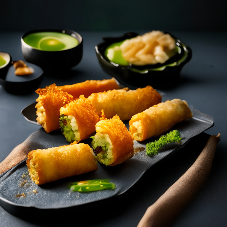 Air Fryer Veggie Tempura with Oven-Baked Vegetable Spring Rolls, filling frame, bright, clear studio lighting, razor-sharp focus on every part of tempura and spring rolls, ultra HD