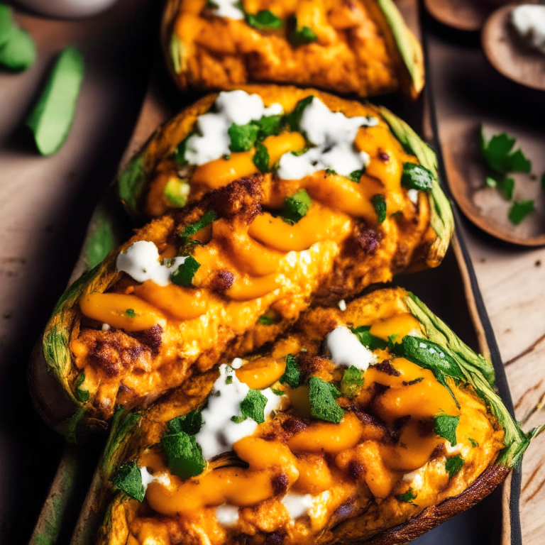 Stuffed Baked Zucchini Boats with Air Fryer Sweet Potato Fries, filling frame, bright, clear studio lighting, razor-sharp focus on every part of zucchini and fries, ultra HD