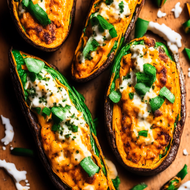 Stuffed Baked Zucchini Boats with Air Fryer Sweet Potato Fries, filling frame, bright, clear studio lighting, razor-sharp focus on every part of zucchini and fries, ultra HD, at an angle