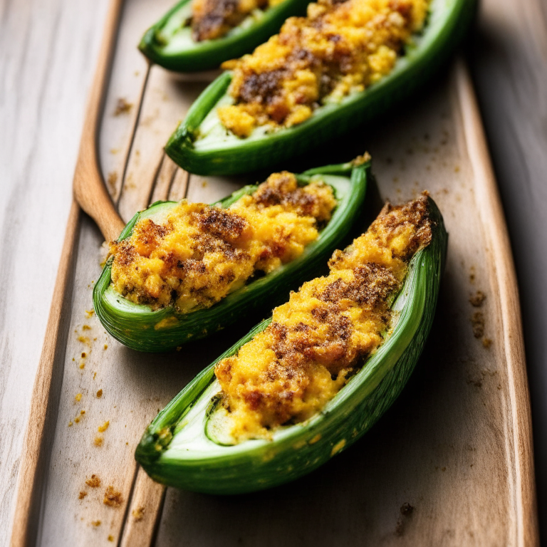 Stuffed Baked Zucchini Boats, filling frame, bright, clear studio lighting, razor-sharp focus on every part of zucchini