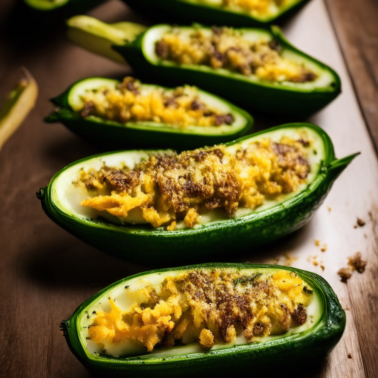 Stuffed Baked Zucchini Boats, filling frame, bright, clear studio lighting, razor-sharp focus on every part of zucchini, at an angle