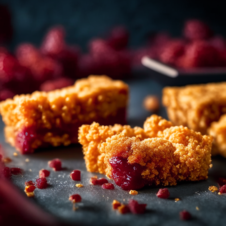 Air Fryer Sweet Chili Tofu Nuggets with Oven-Baked Raspberry Crumble Bars, filling frame, bright studio lighting, razor-sharp focus