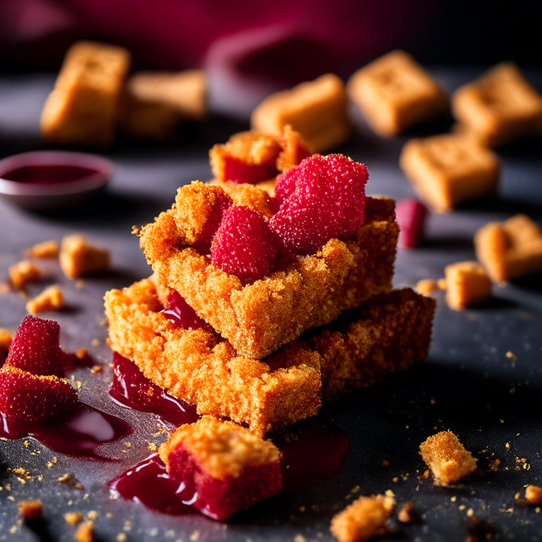 Air Fryer Sweet Chili Tofu Nuggets with Oven-Baked Raspberry Crumble Bars, filling frame, bright studio lighting, razor-sharp focus, at an angle