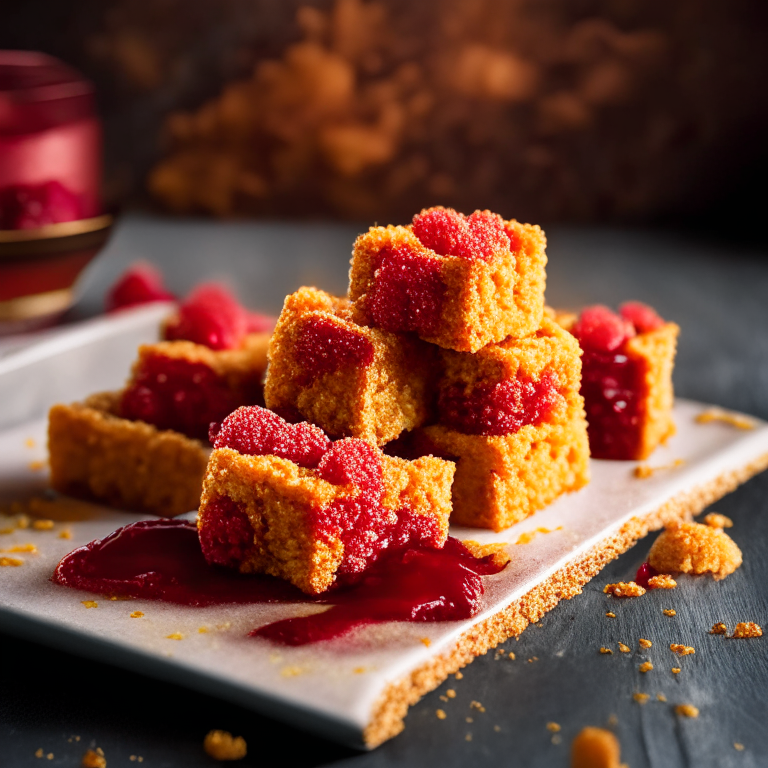 Air Fryer Sweet Chili Tofu Nuggets with Oven-Baked Raspberry Crumble Bars, filling frame, bright studio lighting, razor-sharp focus