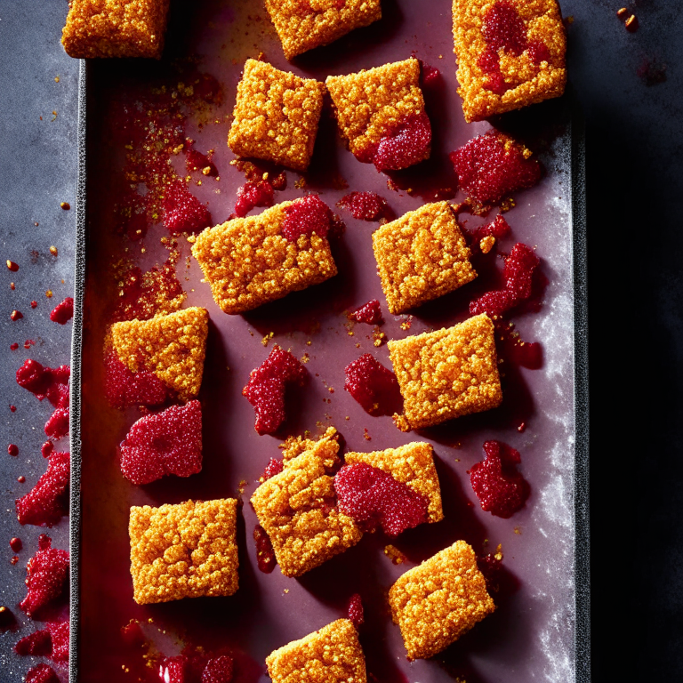 Air Fryer Sweet Chili Tofu Nuggets with Oven-Baked Raspberry Crumble Bars, filling frame, bright studio lighting, razor-sharp focus, from above